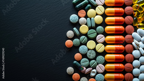 A collection of pills of various colors and shapes are scattered on a black background. The pills are of different sizes and colors  including green  yellow  orange  and white