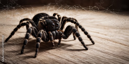   A detailed photograph of a spider on wood with its web in the foreground