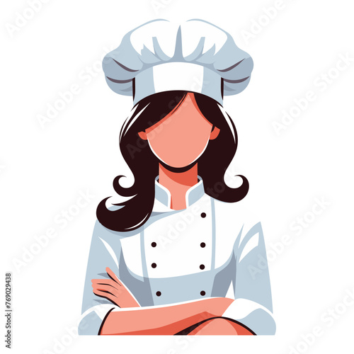 Beautiful woman chef mascot logo design illustration, restaurant business concept, female character with hat and chef uniform, vector template isolated on white background