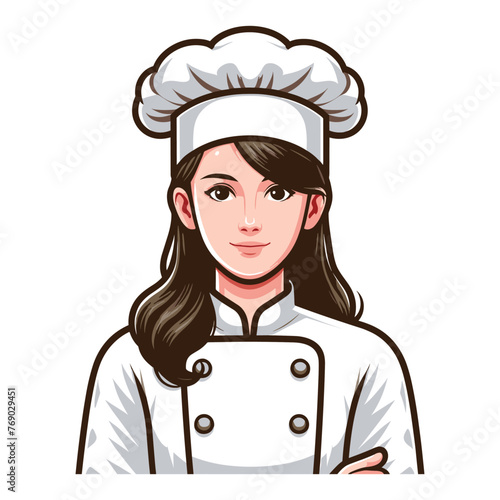 Beautiful woman chef mascot logo design illustration, restaurant business concept, female character with hat and chef uniform, vector template isolated on white background