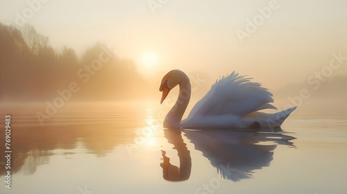 Elegant swan gliding gracefully across a tranquil lake at dawn