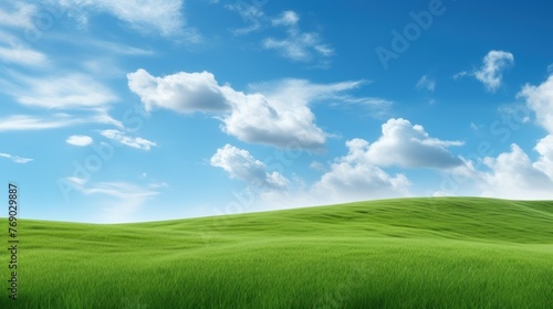 Beautiful Landscape view of green grass on a slope with blue sky and clouds background. © inthasone