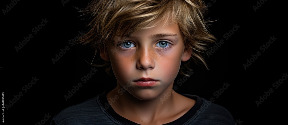 Naklejka premium Young boy with striking blue eyes wearing a black shirt looks at the camera with a curious expression