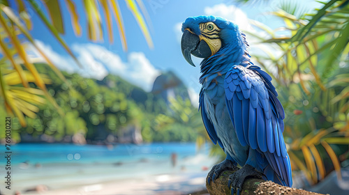 hyacinth macaw on the tropical beach background, exotic bird