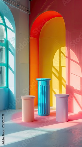 Multiple pedestals in a studio  the room is decorated to bright colors  straight line  minimalist decor  studio photography  generative AI