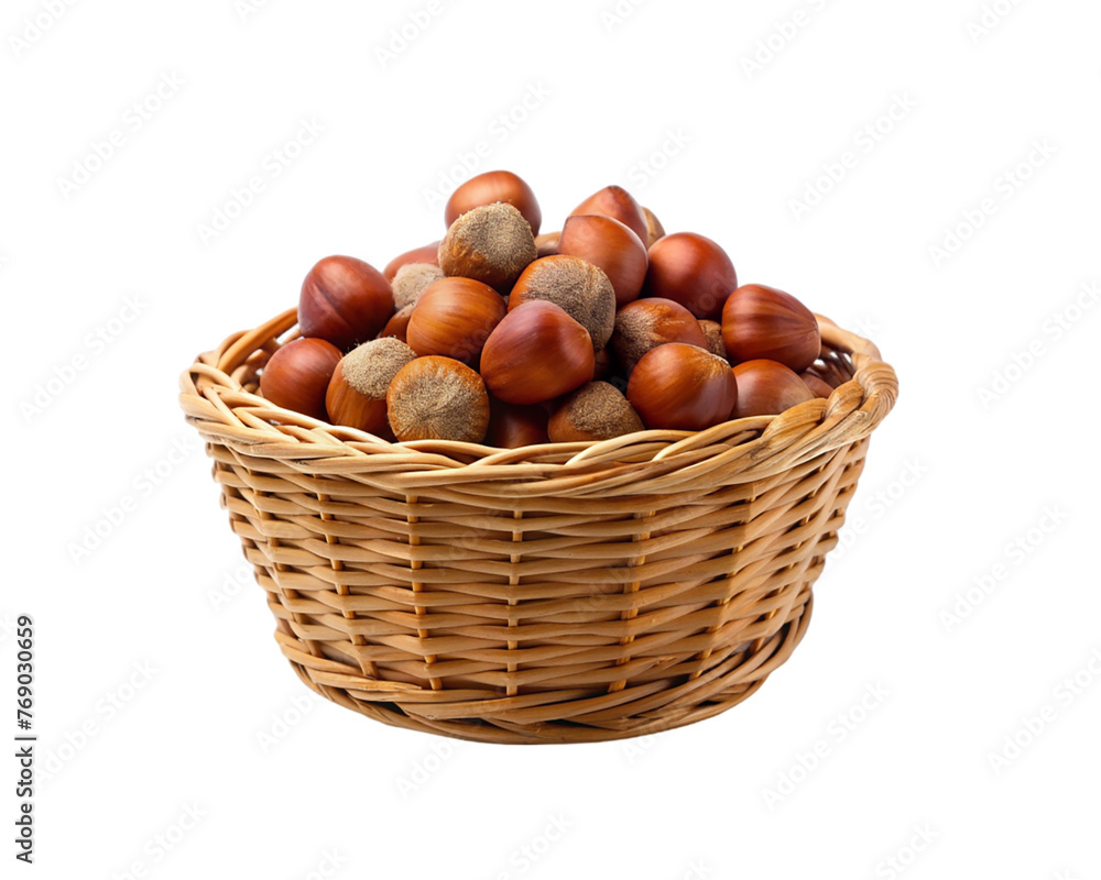 Hazelnuts in a wicker basket isolated on transparent background. Hazelnuts in a wicker basket isolated on transparent background.