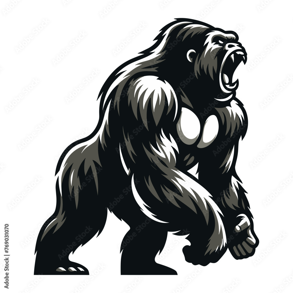 Wild angry gorilla full body design illustration, roaring strong big ape concept, primate animal zoology element illustration, vector template isolated on white background - obrazy, fototapety, plakaty 
