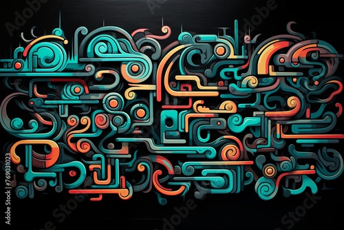 black background  many small graffiti spray tags shapes symbols pattern with copy space and space for text