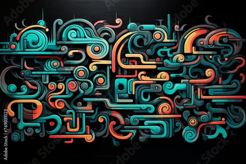 black background, many small graffiti spray tags shapes symbols pattern with copy space and space for text