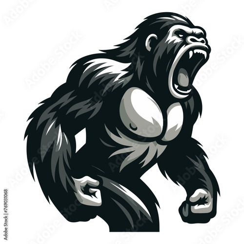 Wild angry gorilla vector illustration, primate animal zoology element illustration, roaring strong big ape concept, design template isolated on white background