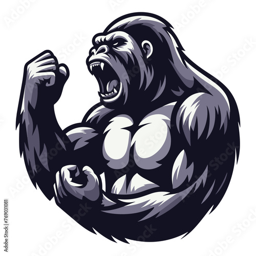 Wild angry gorilla vector illustration, primate animal zoology element illustration, roaring strong big ape concept, design template isolated on white background