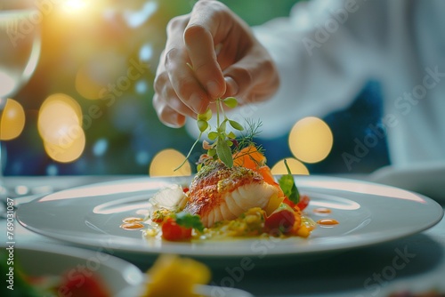 Modern food stylists decorate meals for presentation in the restaurant, food decoration by a male hand, food decoration closeup, food decoration by chef, meals presentation, food presentation closeup 