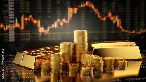 gold stock market, 3D render of gold bars and coins on a stock market background with a trading chart with Stocks Graph Representing Financial investment, a business gold stock market concept,