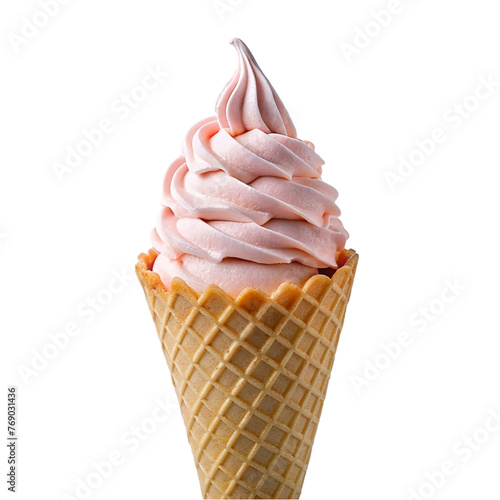 Pink soft ice cream in a waffle cone isolated on a transparent background.