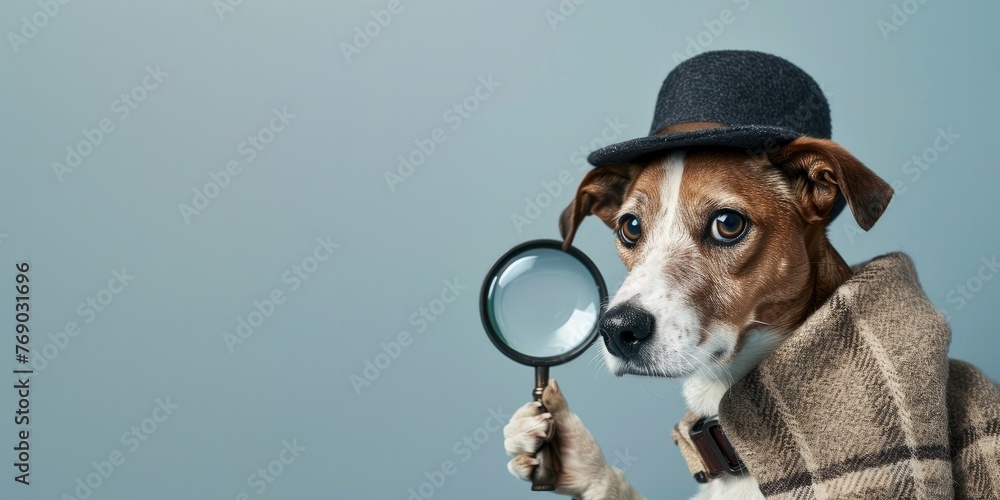 Dog Detective Looking Through a Magnifying Glass on a Blue Background with Space for Copy - obrazy, fototapety, plakaty 