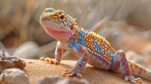 Explore a captivating scene with an exotic lizard basking in high noon sunlight on desert sand, perfect for showcasing reptile supplies.