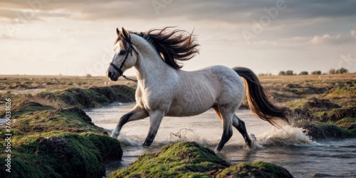   A white horse gallops through water with grass on either side  under a cloudy sky