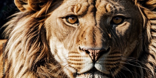  A close-up of a lion's face with a blurry background of its fur