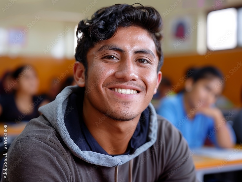 Obraz premium Latino Student Smiling in Classroom