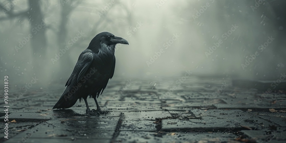 Obraz premium Gothic Raven on Aged Stone Floor, Misty Fog Background, Ideal for Dark Fantasy and Gothic Novel Displays