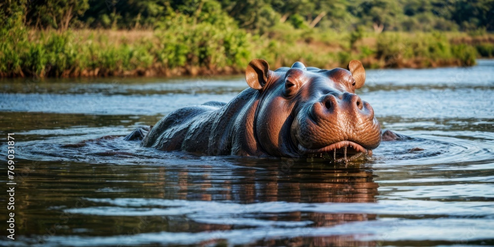 A zoomed-in photo of a hippo in the water, surrounded by trees and vegetation in the background A zoomed-in photo of a hippo in the water, surrounded by trees and vegetation in the background