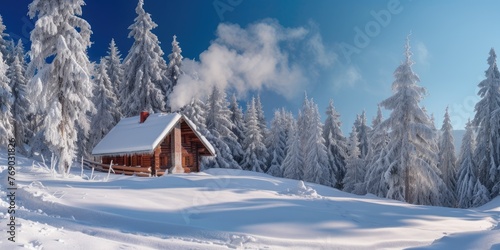 A quaint wooden cabin with smoke rising from the chimney nestles in a snow-blanketed forest, creating a scene of winter tranquility. Resplendent. © Summit Art Creations