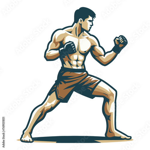 Man mixed martial arts athlete full body vector illustration  MMA sport fighter  octagon combat  punching with fist  kicking strike. design template isolated on white background