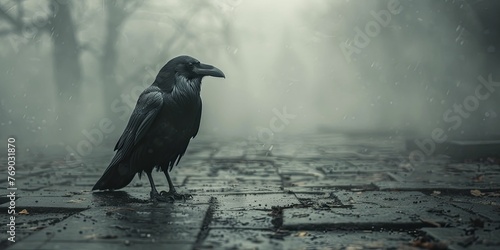 Gothic Raven on Aged Stone Floor, Misty Fog Background, Ideal for Dark Fantasy and Gothic Novel Displays photo