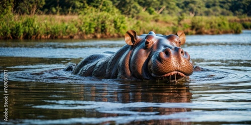  A zoomed-in photo of a hippo in the water, surrounded by trees and vegetation in the background