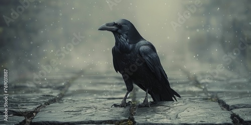 A haunting raven perches on weathered stone in the eerie mist, perfect for evoking a dark and gothic atmosphere in storytelling.