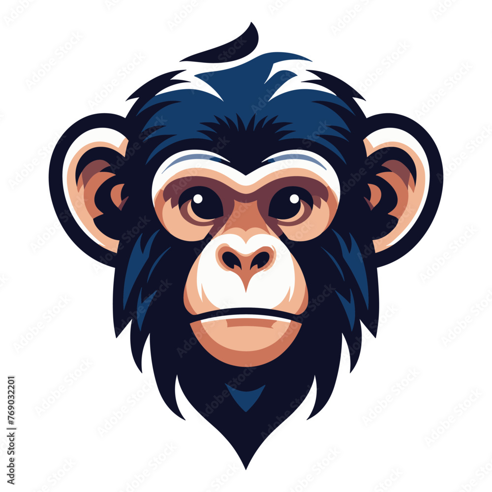 Monkey ape chimpanzee head face design illustration, monkey logo mascot illustration concept, wild animal primate, vector template isolated on white background