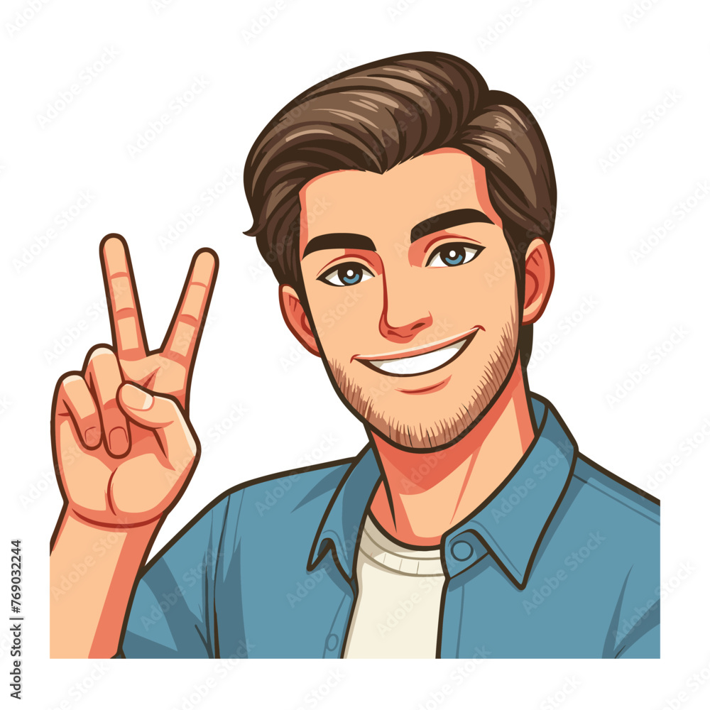Man showing peace sign vector illustration, happy male gesturing peace victory sign with hand, gladness, joyfulness, positive emotion design template isolated on white background Man showing peace sign vector illustration, happy male gesturing peace victory sign with hand, gladness, joyfulness, positive emotion design template isolated on white background