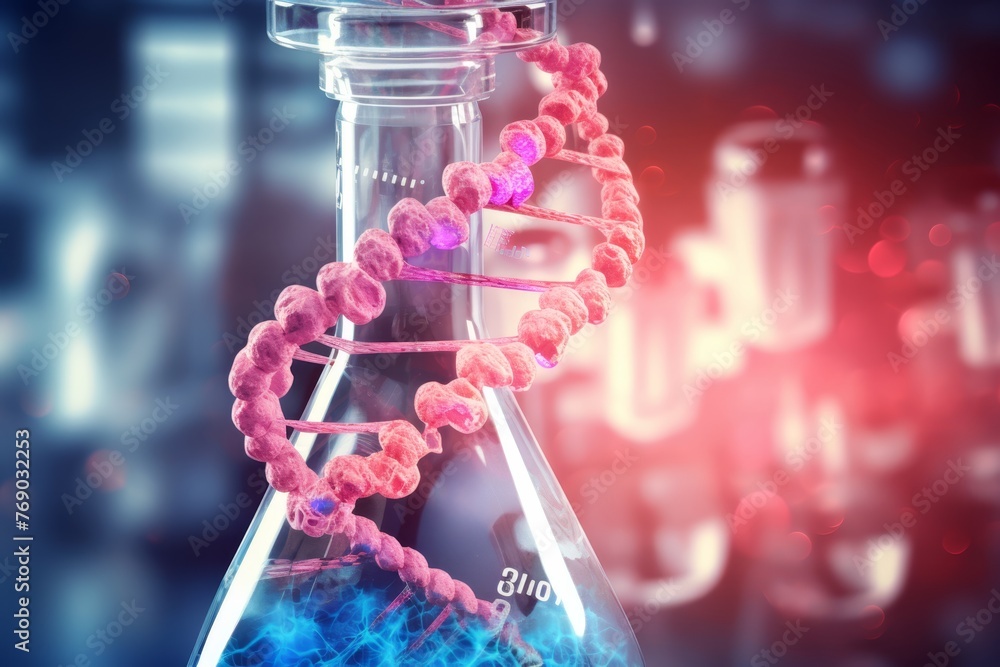 DNA strand with chemistry flask on scientific background. 3d illustration.  - obrazy, fototapety, plakaty 