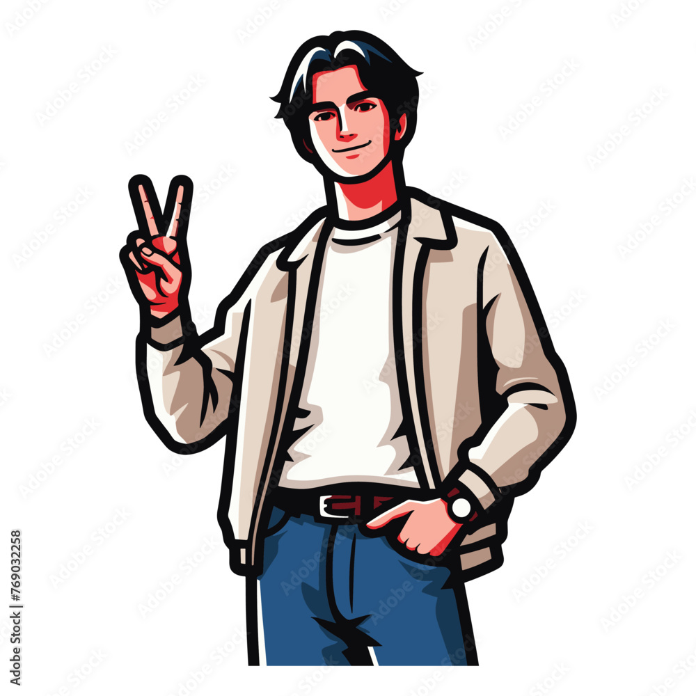 Man showing peace sign vector illustration, happy male gesturing peace victory sign with hand, gladness, joyfulness, positive emotion design template isolated on white background Man showing peace sign vector illustration, happy male gesturing peace victory sign with hand, gladness, joyfulness, positive emotion design template isolated on white background