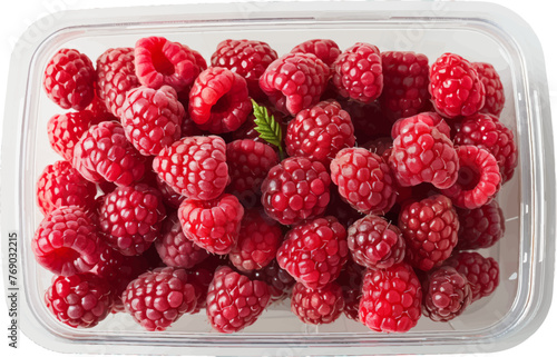 Vector illustration of retail supermarket pack of red raspberries isolated on white. Plastic packaging for advertising, promo. Top view