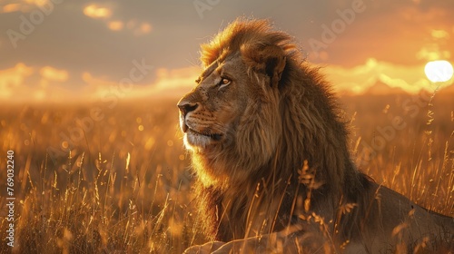 Witness the regal lion basking in the golden hour glow of the savannah, perfect for showcasing African safari gear.