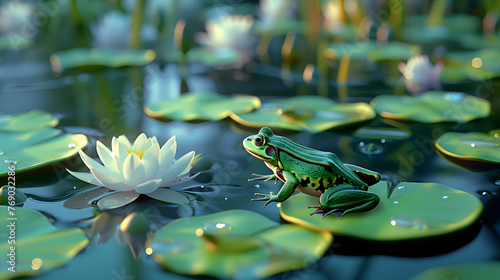 Frolicking frog leaping between lily pads in pond photo