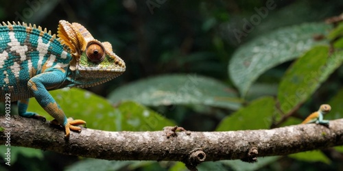   A close-up of a chameleon on a leafy branch against a blurred background