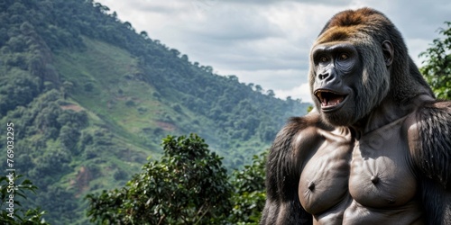  A gorilla-dressed man stands amidst a hillside of lush greenery and towering mountains in the background