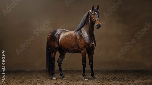 Noble Horse on Rich Brown Leather Floor  Classic Studio Lighting  Ideal for Equestrian Gear and Lifestyle Product Displays