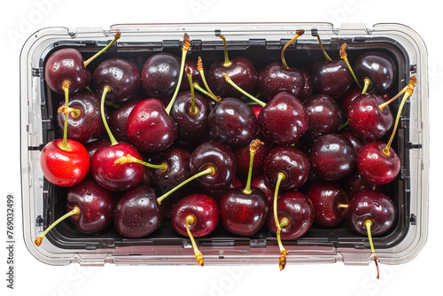 Cherries in the plastic shop package isolated on transparent background. Png and jpeg files. Top down view on plastic transparent container with fresh red berries.
