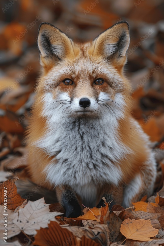 Fototapeta premium Capture the essence of autumn with a rustic fox basking in the evening glow on a leaf pile floor, perfect for fall decor.