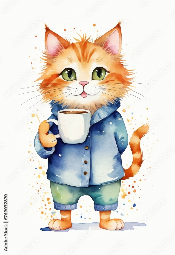 Watercolor Illustration on white background of a cute cat wearing pajamas and holding a cup of coffee or tea. Design element, minimalistic style. Comfort concept.