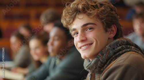 Happy Male Student in College Class