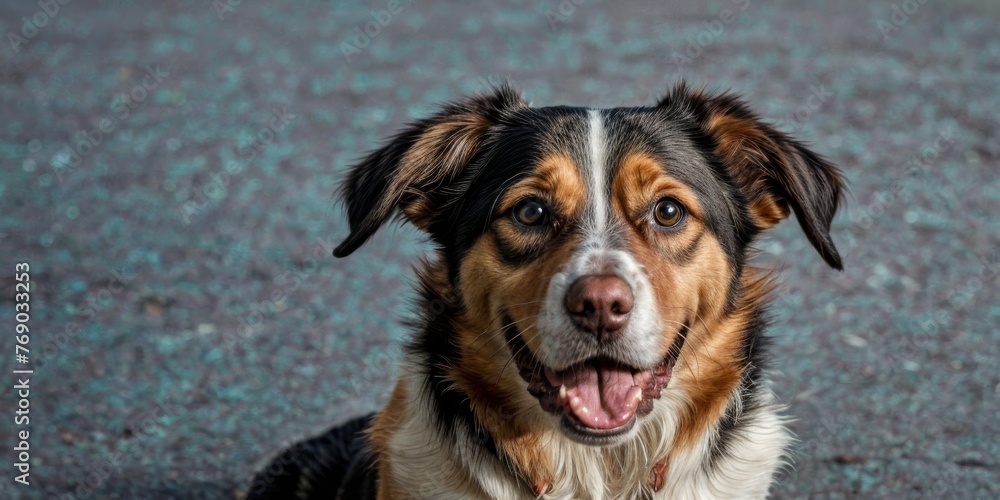 A photo of a dog resting on the ground, tongue out, with its mouth slightly open A photo of a dog resting on the ground, tongue out, with its mouth slightly open