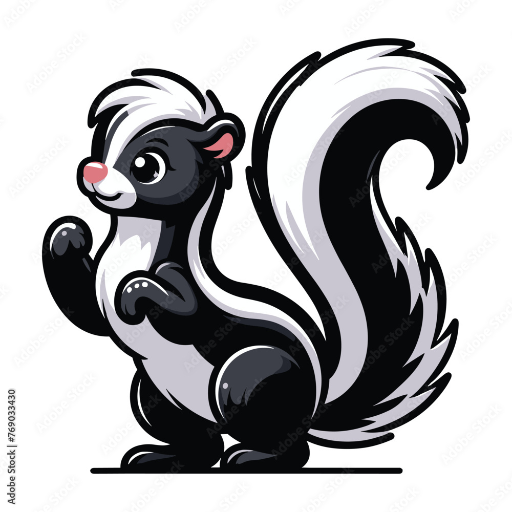 Skunk full body design illustration, wild mammal skunk with a large fluffy tail and black white stripe along the body, fauna animal concept. Vector template isolated on white background Skunk full body design illustration, wild mammal skunk with a large fluffy tail and black white stripe along the body, fauna animal concept. Vector template isolated on white background