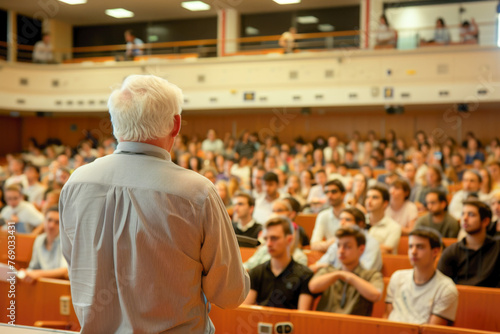 Back view of mature professor giving lecture to large group of college students in the classroom photo
