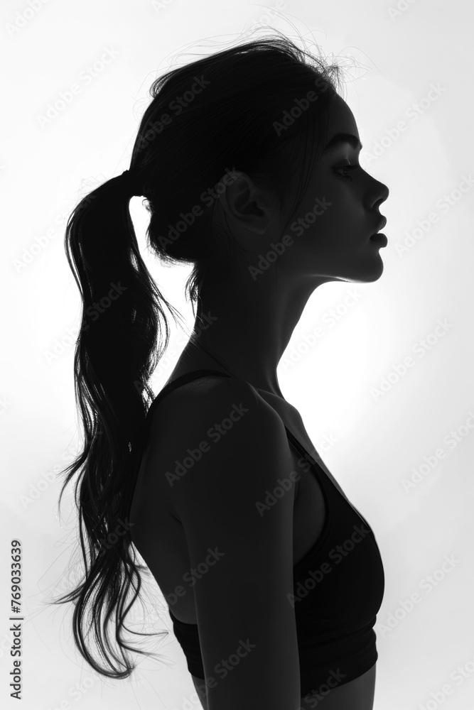 Silhouette of Grace: Woman with Long Ponytail in Monochrome. Generative AI.
Silhouette of Grace: Woman with Long Ponytail in Monochrome. Generative AI.