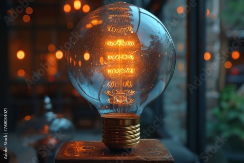A close-up of a glowing Edison light bulb showcasing the intricate filament and warm light on a blurred background