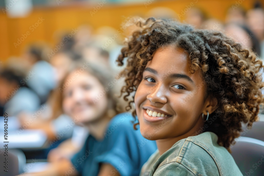 Obraz premium Happy college student during a lecture in the classroom looking at camera